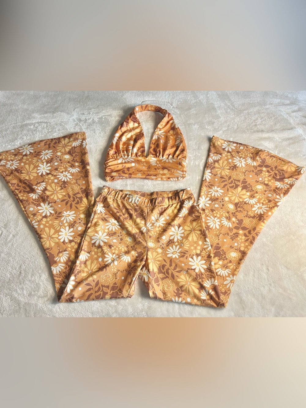 Princess Polly Orange/tan cropped Floral Halter & Bell-Bottom Set size 4